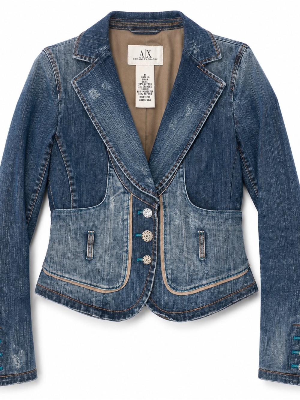 Armani Exchange A|X Denim Blazer Jacket Medium Y2K Fitted Contrast Trim
